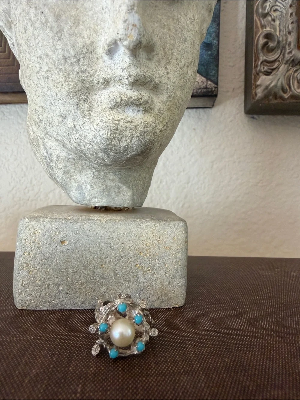 Vintage Brutalist Faux Pearl & Turquoise‎ Organic Branch Statement Ring Size 6.5